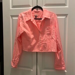 Neon coral cropped button up top
